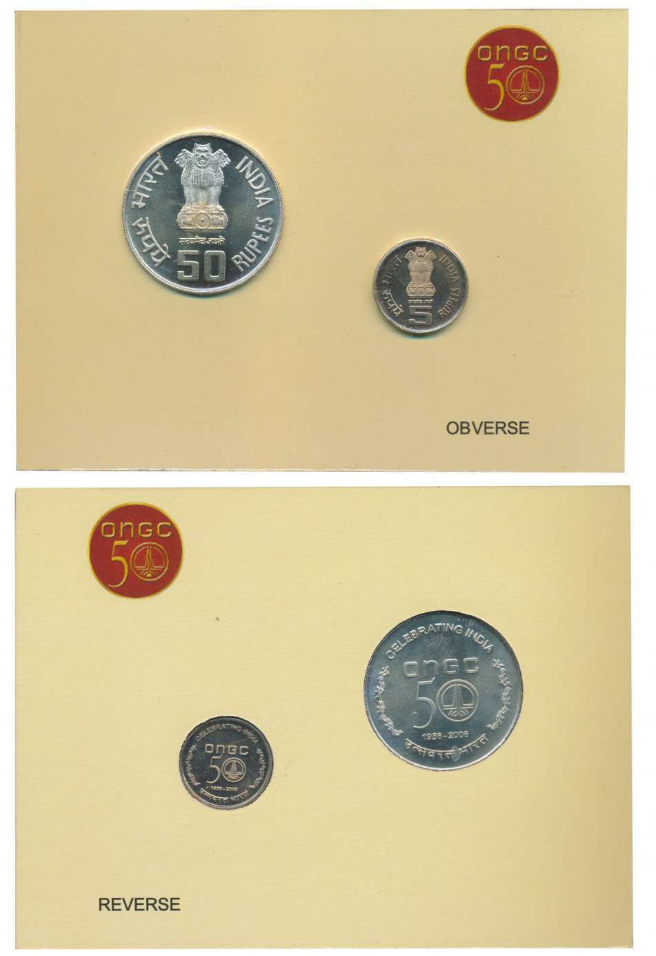 2006 Proof Set of 2 “50 Years of ONGC” Kolkata Mint Rupees 50 & 5 (RB# 307). In blister pa