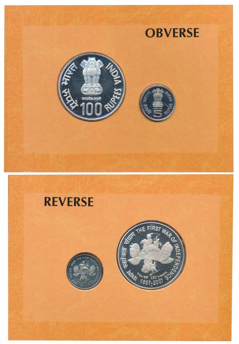 2007 Proof Set of 2 “The First War of Independence 150 Years” Mumbai Mint Rupees 100 & 5 (
