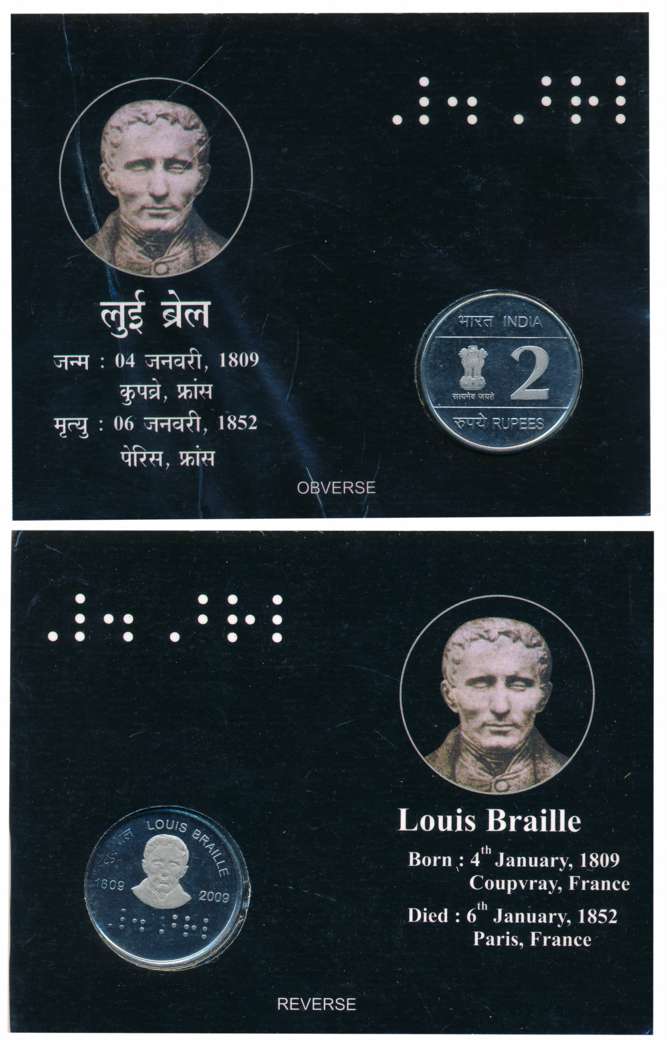 2009 Proof Set of 1 “200th Birth Anniversary of Louis Braille” Kolkata Mint Rupees 2 (RB# 