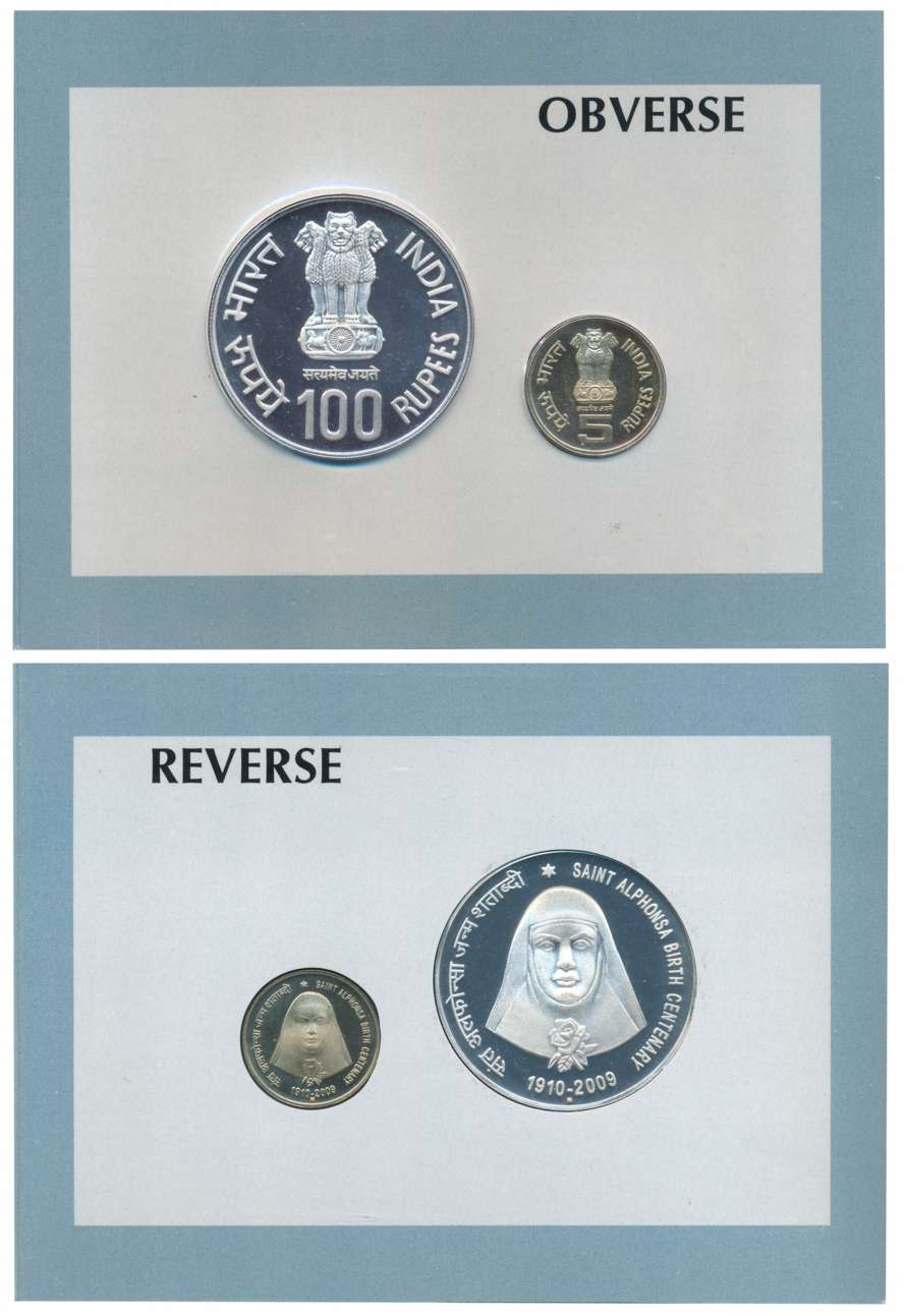 2009 Proof Set of 2 “Saint Alphonsa Birth Centenary” Mumbai Mint Rupees 100 & 5 (RB# 350).