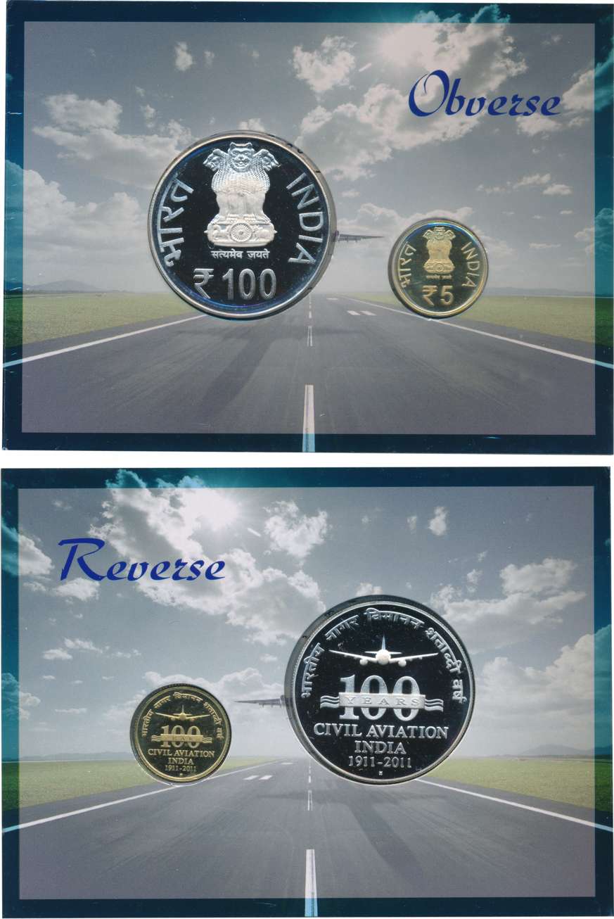2011 Proof Set of 2 “100 Years Civil Aviation India” Mumbai Mint Rupees 100 & 5.