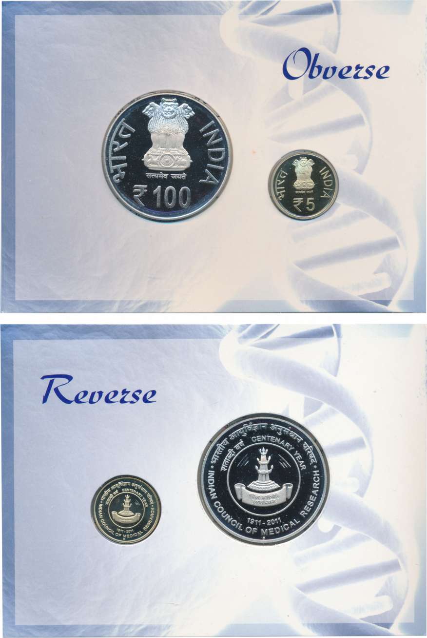 2011 Proof Set of 2 “Centenary of Indian Council of Medical Research” Mumbai Mint Rupees 1