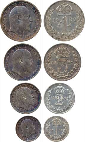 Great Britain Edward VII Silver Maundy Money Set of 4 coins 1902 1 Penny 2 3 & 4 Pence Obv