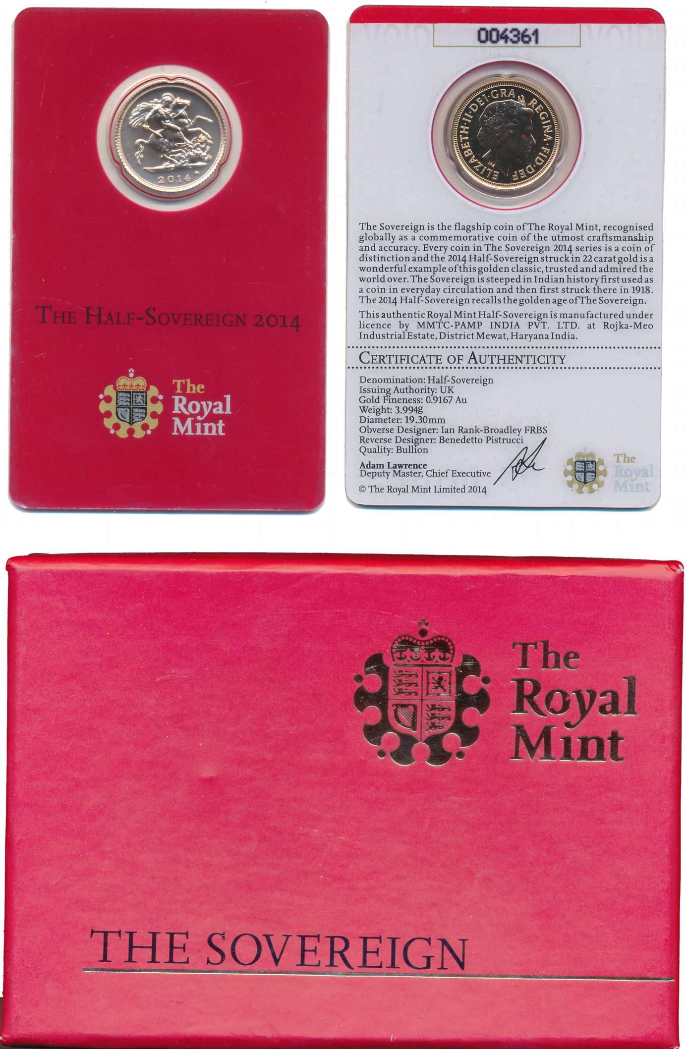 Great Britain Gold ½ Sovereign 2014 struck under Licence by MMTC in India. With certificat