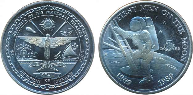 Marshall Islands Copper Nickel 5 Dollars 1989 “20th Anniversary- 1st Men on the Moon” (KM#