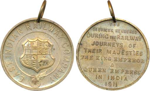 “East Indian Railway Company” Medal 1911 Copper 14.05g Obv: Coat of arms with in circle in