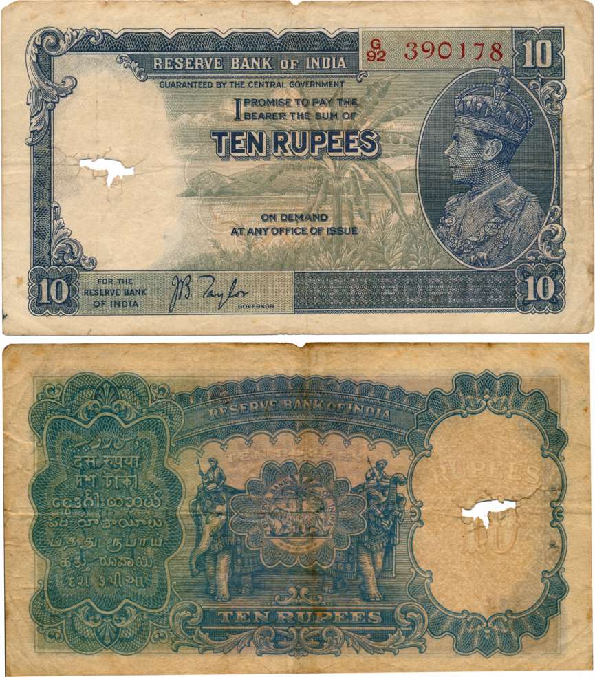 George VI Rupees 10 Type 5 Signed J. B. Taylor Prefix G (Jhun# 5.1). Light fold thread hol