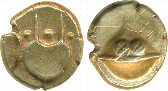 Gold Hudki Pagoda, 3.32g, uncertain symbols on both sides (G&G# BJ49). Very fine+, scarce.