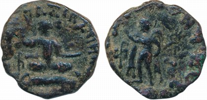 Indo Scythians, Azes II, Copper Chalkous, 2.35g, Obv: King seated cross-legged facing fron