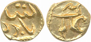Aurangzeb, Gold 1/2 Fanam, 0.18g, Mint-less, Obv: Badshah, Rev: Alamgir. Very fine+, rare.