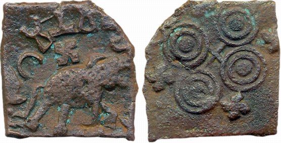 Satavahanas, Copper, 6.45g, Obv: Elephant with upraised trunk walking right towards a tree