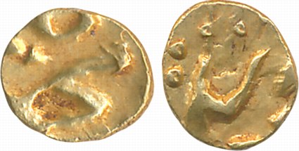 Muhammad Shah, Gold 1/2 Fanam, 0.18g, Karappa Mint (KM# C440.1). Extremely fine.