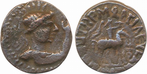 Kushans, Soter Megas Vima Taktu, Copper, 8.21g, Obv: Bust to right, Rev: King mounted on a