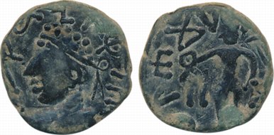 Kushans, Kujula Kadphises, Copper Drachm, 1.86g, Obv: Imitating the ‘bust X Heracles’ coin