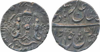 Wajid Ali Shah, Silver 1/4 Rupee, 2.77g, Obv: Parsol above crown, flanked by mermaids hold