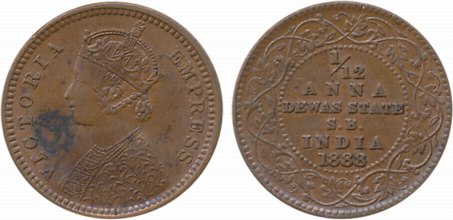 Narayan Rao, Copper 1/12 Anna, 1888, Obv: Crowned bust to left, Rev: Value, Date in bided 
