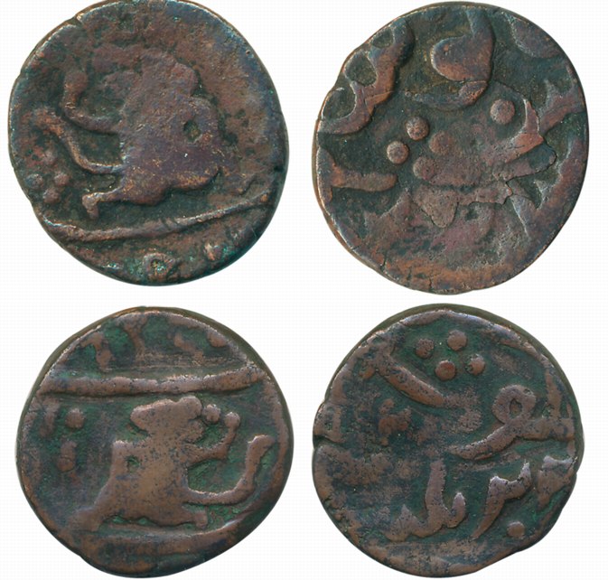 Copper Paisa (2), 12.91g, 13.17g, 1st coin- Hanuman running right, 2nd coin- Hanuman runni