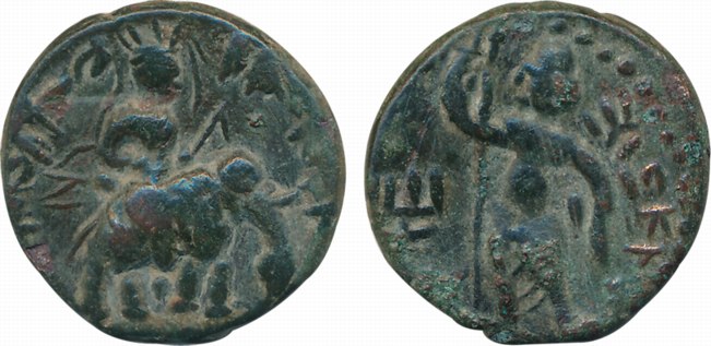 Kushans, Huvishka, Copper, 9.99g, Obv: King holding Ankus riding on elephant to right, Rev