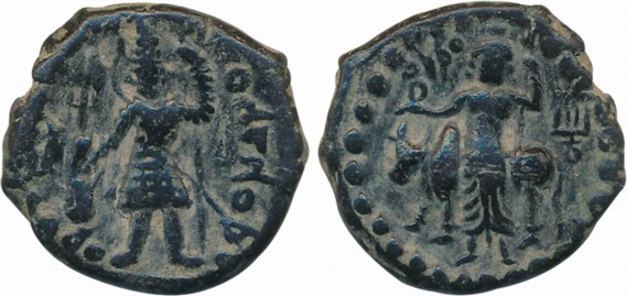 Kushans, Vasudeva, Copper, 8.35g, “Taxila Series”, Obv: Kushan king standing facing, holdi