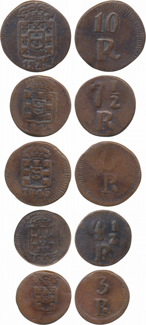 Maria II, Copper (5), 10, 7½, 6, 4½ & 3 Reis, 1845, 1845, 1846, 1845 & XXXX, Obv: Crowned 