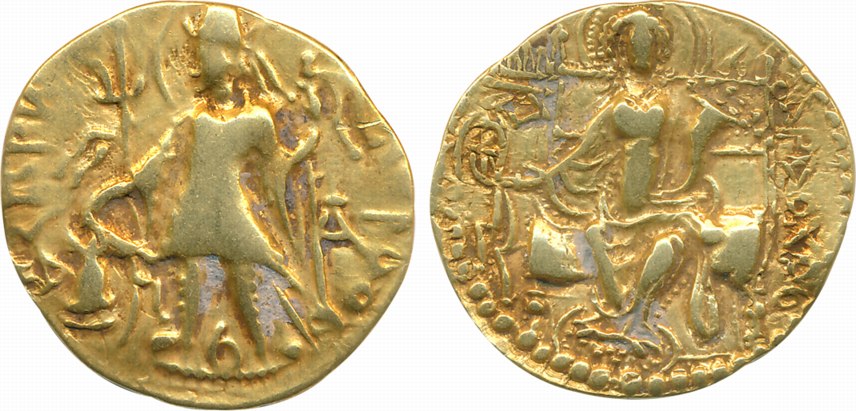 Kushans, Vasishka, Gold Dinar, 7.66g, Obv: Nimbate king wearing conical helmet and armour,