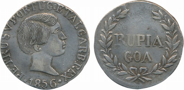 Goa, Pedro V, Silver Rupia, 10.96g, 1856, Obv: Portrait of the ruler to right, Rev: Value 