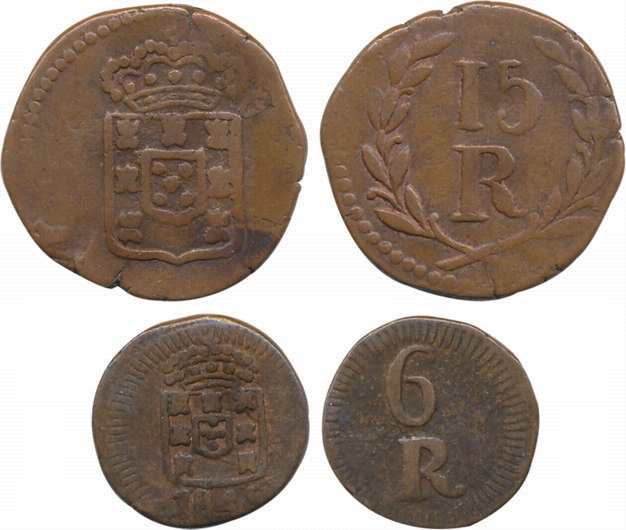 Goa, Copper (2), 15 Reis & 6 Reis, 8.73g, 3.74g, Obv: Crowned arms, Rev: Value (KM# 263, 2