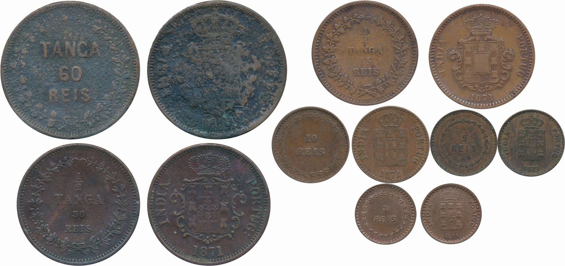 Luiz I, Complete set of Copper 6 Reis, 60, 30, 15, 10, 5 & 3 Reis, 1871, Obv: Crowned arms