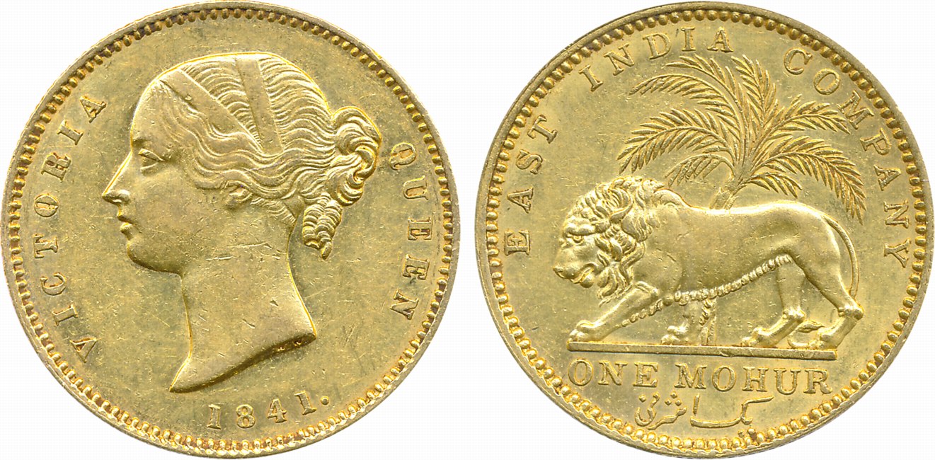 Victoria Queen, Gold Mohur, 11.66g, Divided legend, 1841, Calcutta Mint, W W incused (Unli