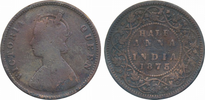 Victoria Queen, Copper 1/2 Anna, 1875. Fine+, very rare.