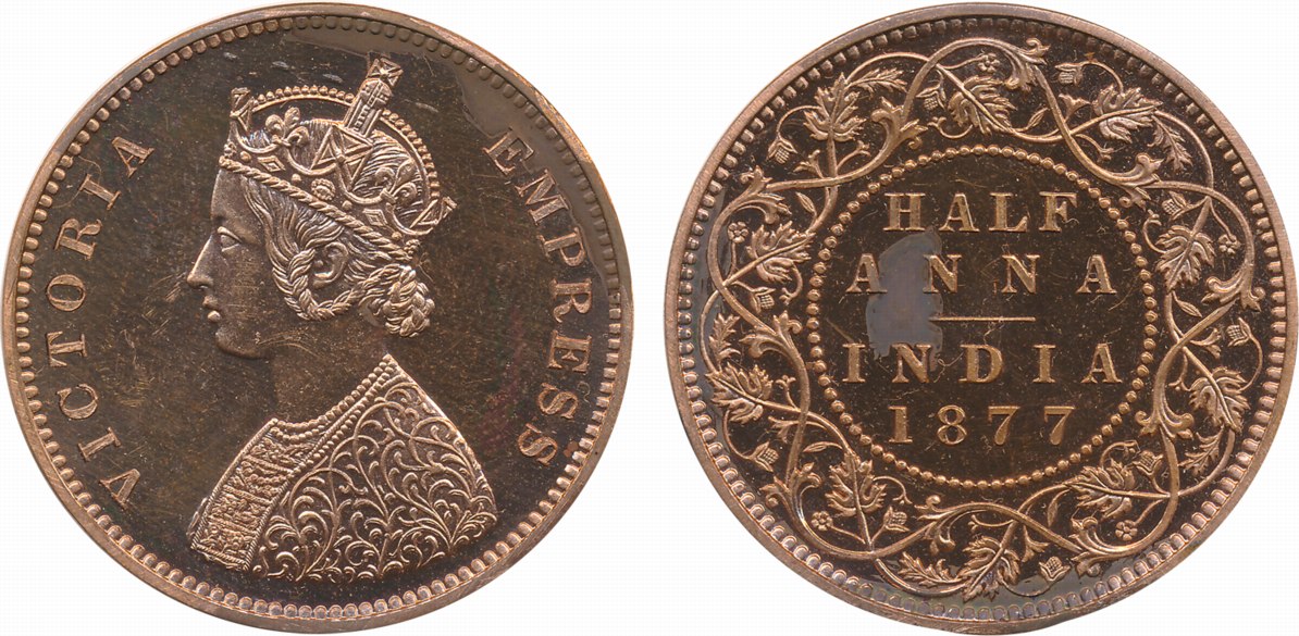 Victoria Empress, Copper 1/2 Anna, Proof, 1877. In original paper envelop of the mint. Rar