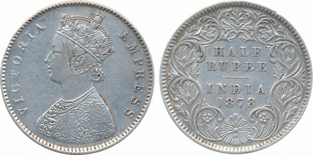 Victoria Empress, Silver 1/2 Rupee, 1878, Calcutta Mint (Prid# 262). Very fine+, very rare
