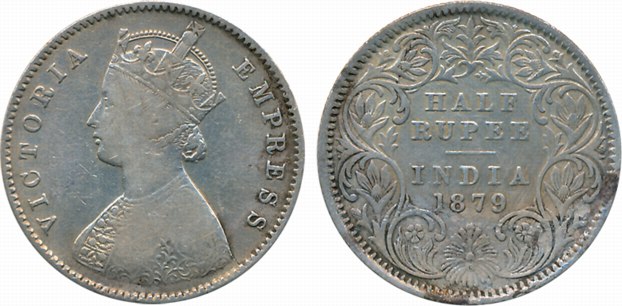 Victoria Empress, Silver 1/2 Rupee, 1879, Calcutta Mint (Prid# 263). Fine+, very rare.