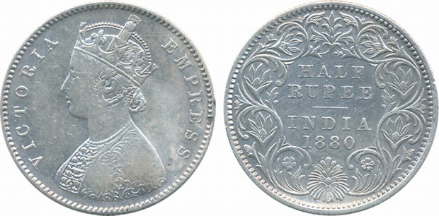 Victoria Empress, Silver 1/2 Rupee, 1880, Calcutta Mint (Prid# 264). Very fine, extremely 