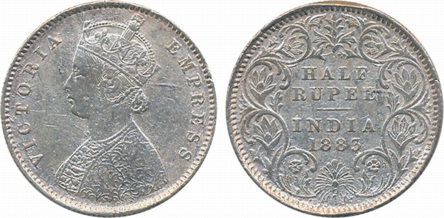 Victoria Empress, Silver 1/2 Rupee, 1883, Calcutta Mint (Prid# 267). Cleaned, very fine, v