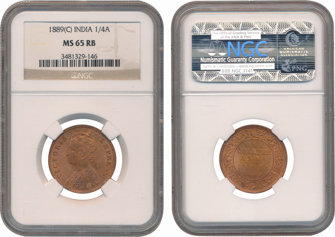 Victoria Empress, Copper 1/4 Anna, 1889, Calcutta Mint. Slab & Graded by NGC as MS 65 RB. 