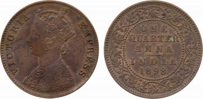Victoria Empress, Silver 1/4 Anna, 1898, Calcutta Mint. (Prid# 631). Extremely fine+, rare