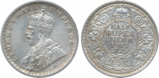 George V, Silver 1/2 Rupee, 1915, Calcutta Mint. Extremely fine+, rare.