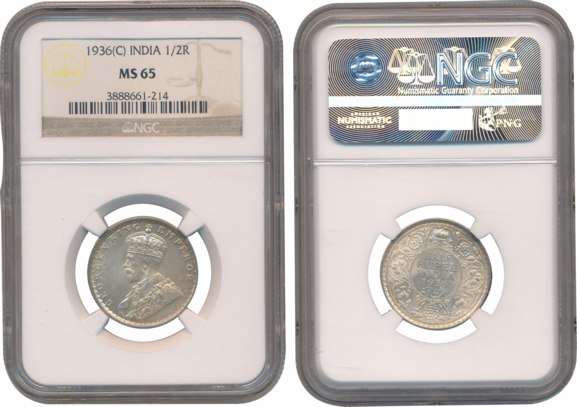 George V, Silver 1/2 Rupee, 1936, Calcutta Mint. Slab & Graded by NGC as MS 65. Very rare 