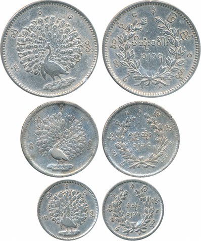 Burma, Silver (3), Rupee, 1/2 & 1/4 Rupee, 11.63g, 5.66g, 2.78g, Obv: Dancing peacock, Rev