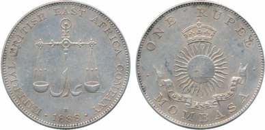 Mombasa, Imperial British East Africa Company, Silver, Rupee, 11.61g, 1888 H, Obv: Persain