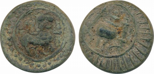 Vishnukundin, Potin, 8.00g, Obv: Lion with a raised paw within circular boarder, Rev: Conc