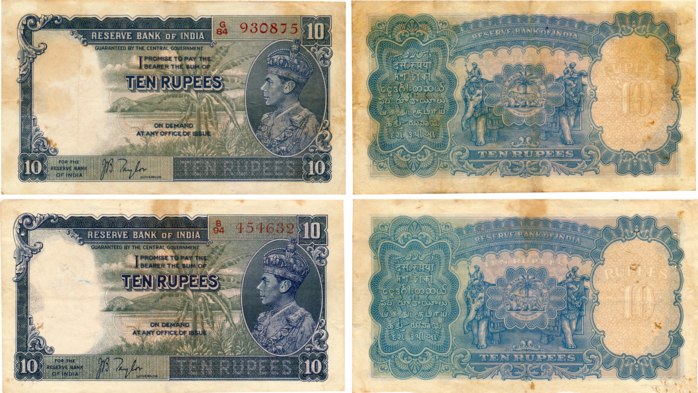 George VI, Rupees 10 (2), Type 5, Signed J. B. Taylor, Prefix G & B (Jhun# 5.1). Folded, u