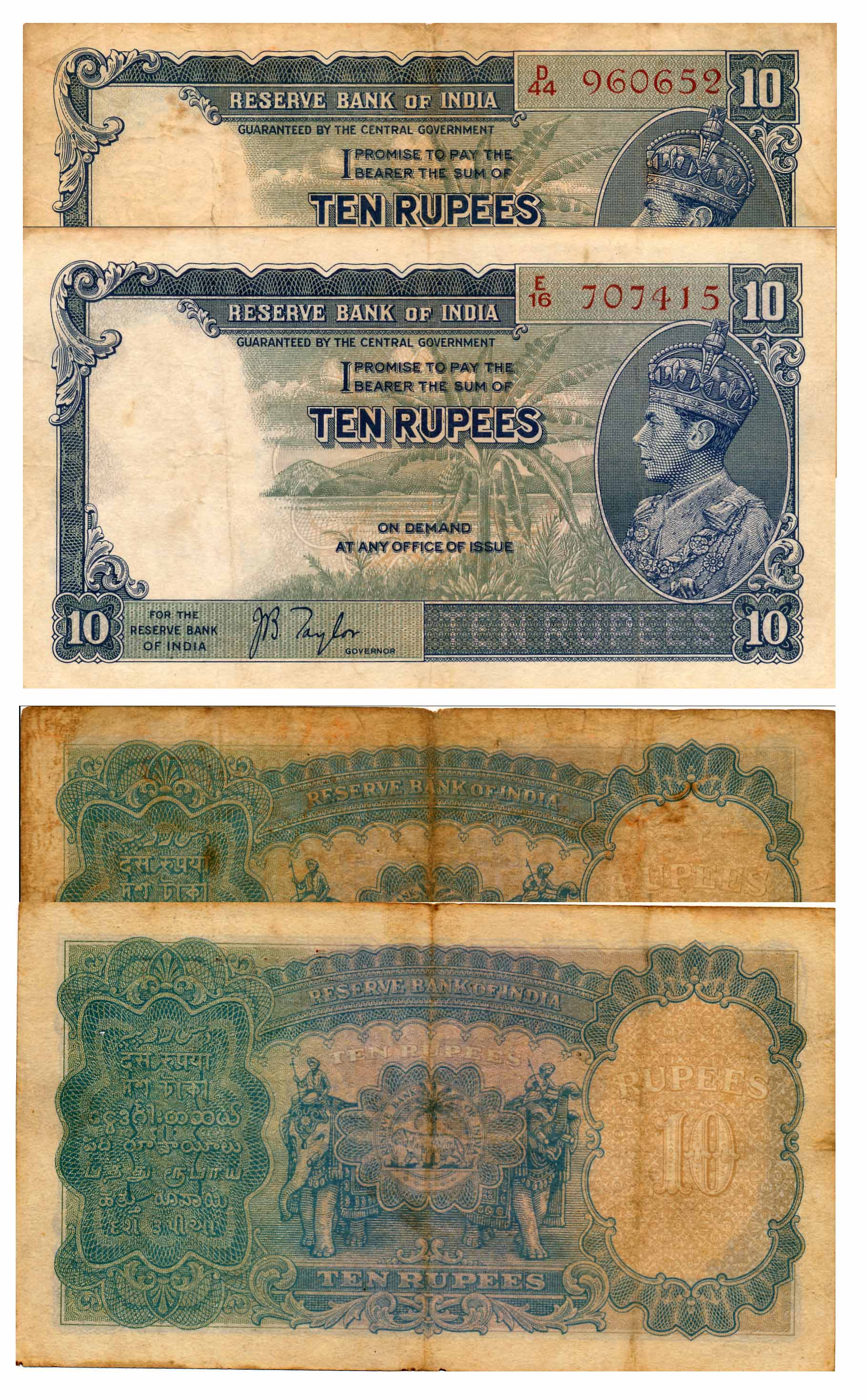 George VI, Rupees 10 (2), Type 5, Signed J. B. Taylor, Prefix D & E (Jhun# 5.1). Folded, d