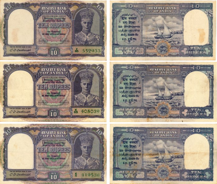 George VI, Rupees 10 (3), Type 6, 2nd issue, Signed C. D. Deshmukh, Prefix K, K & F (Jhun#