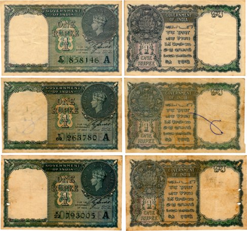 George VI, Rupees 1 (3), Type 1, signed C. E. Jones, inset A, Prefix C, T & K (Jhun# 1.1C)