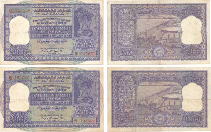 Republic India, Rupees 100 (2), Type 7.4, Signed P. C. Bhattacharya, Prefix AB & AC (Jhun#