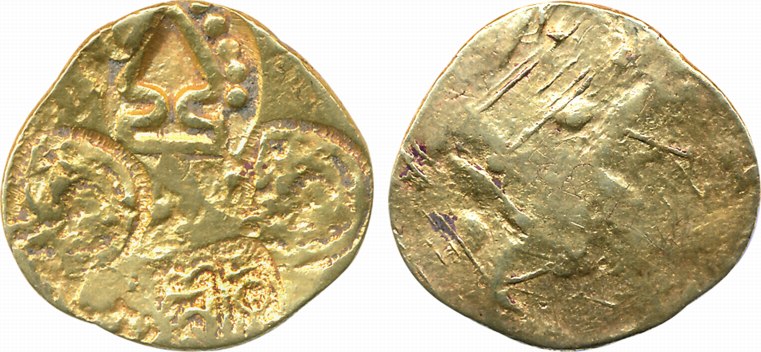 Telugu Chodas of Nellore, Jagdekamala, Punch-marked, Gold Gadyana, 3.72g, Uniface, four pu