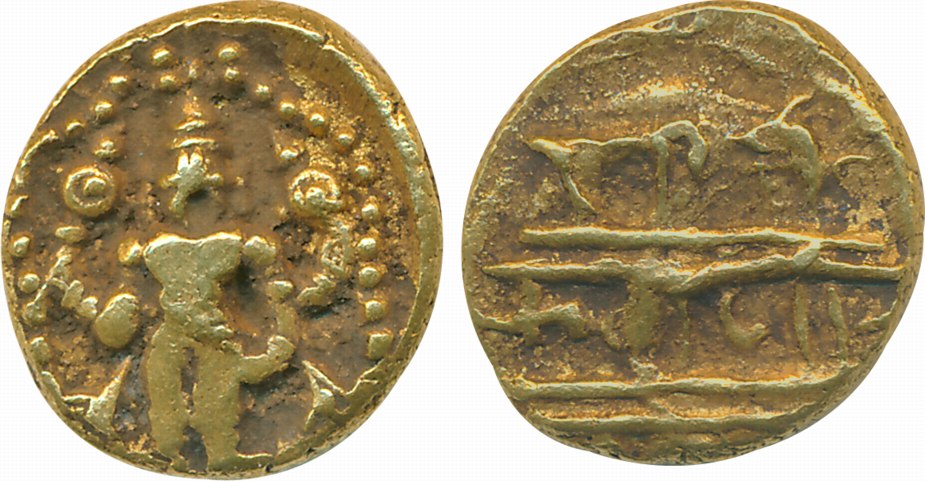 Vijaynagar Empire, Venkata III, Gold Varaha, 3.44g, Obv: Venkateshwara standing holding co