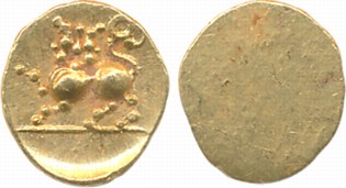 Rajula Reddy, Gold, 1/2 Fanam,, 0.18g, Uniface, an ornate Lion facing front, walking to le
